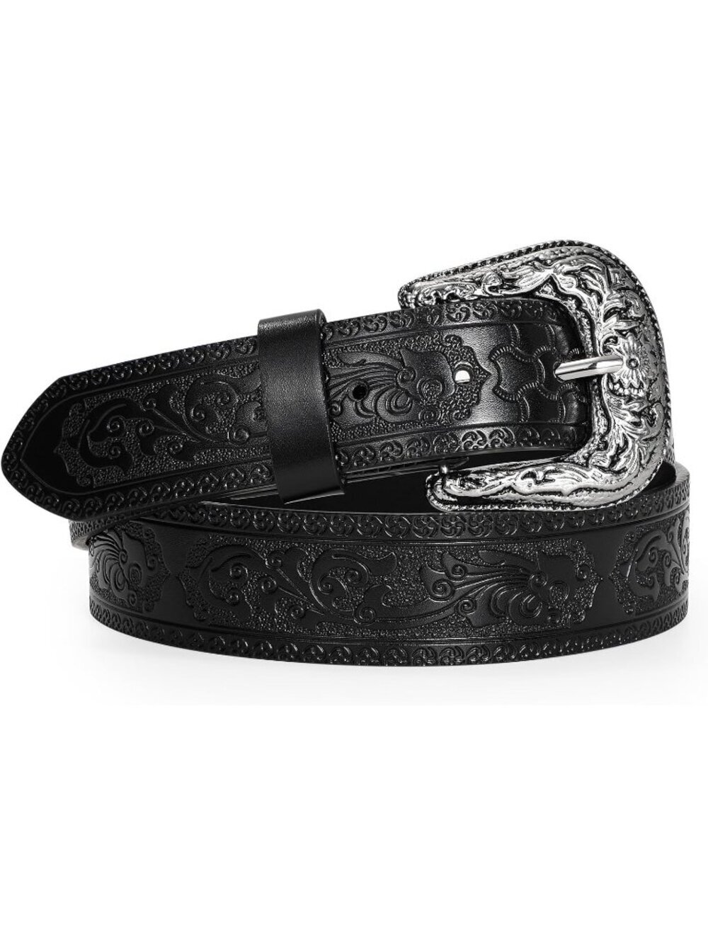 Unisex Black Leather Belt Vintage Western Cowboy Belt Engraved Buckle Belt
